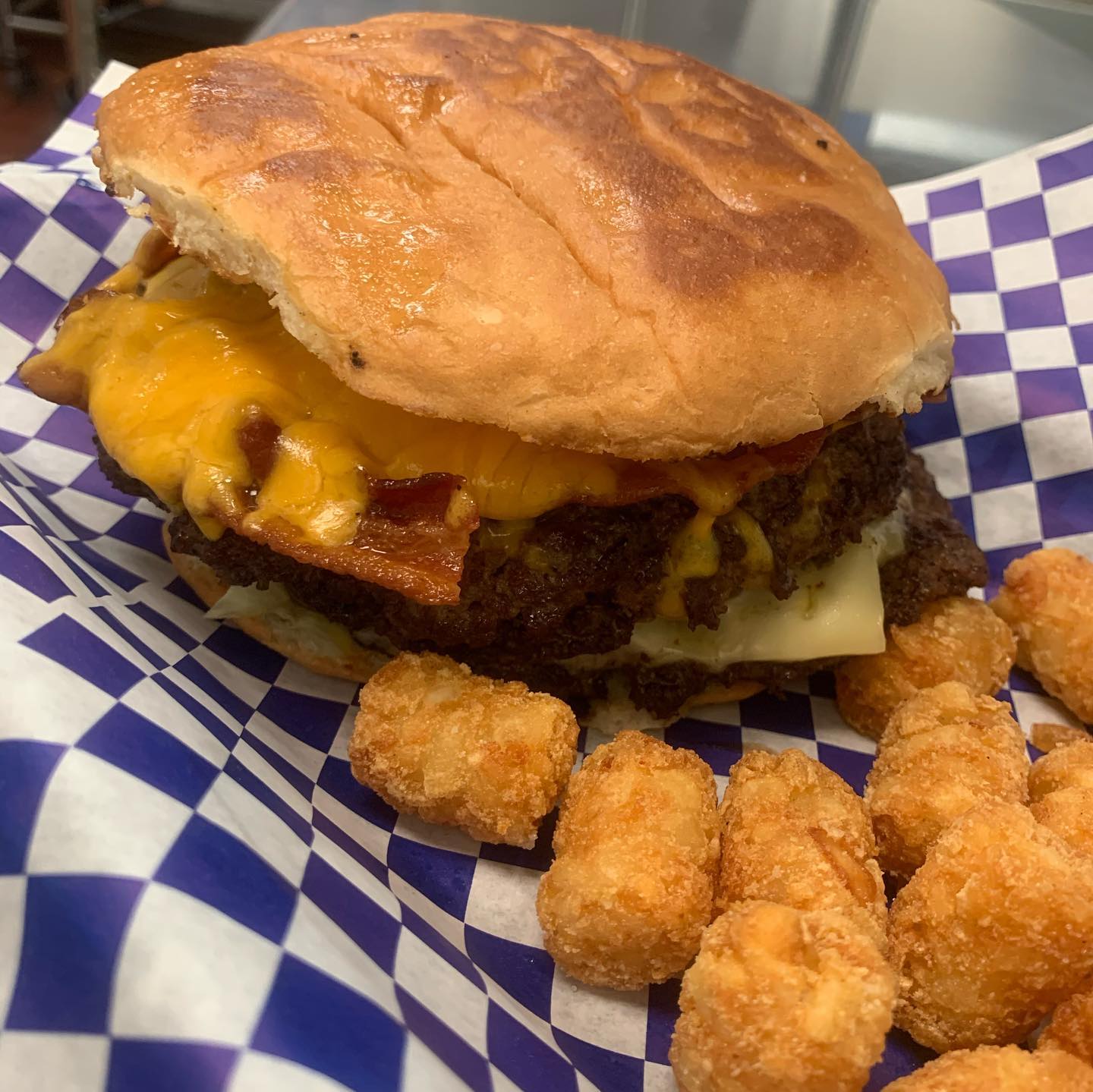 Burger and tater tots from R D's Burgers