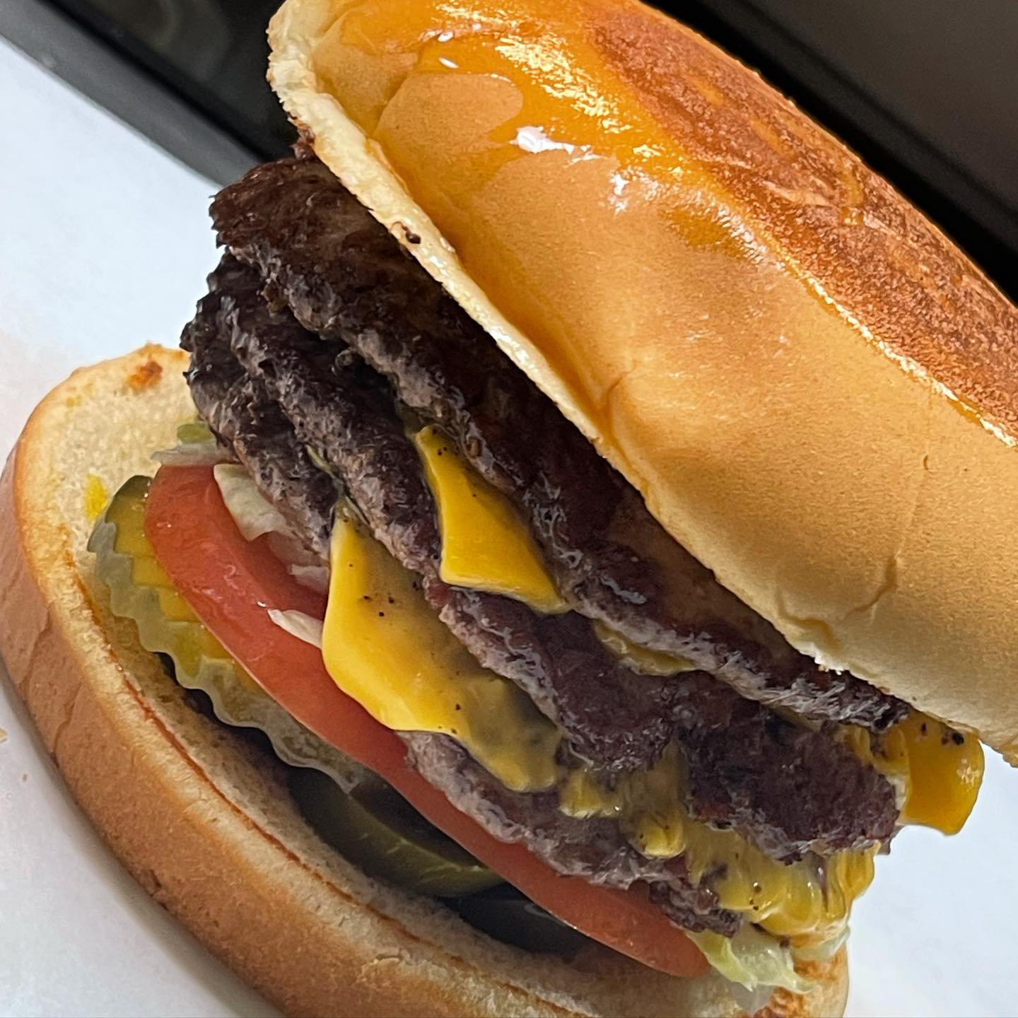 Closeup of a burger from R D's Burgers